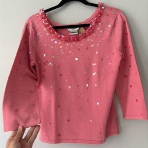 Y2K Fairycore Silk Beaded Pink sequin Fairy Cottage sweater 3/4 sleeves - large